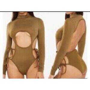 Savage X Fenty Bodysuit Green Shine Strapy Teddy Thong Mock Neck Size M
